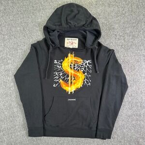 True Religion Hoodie Men's Large Black Flaming Dollar Sign Graphic Pullover